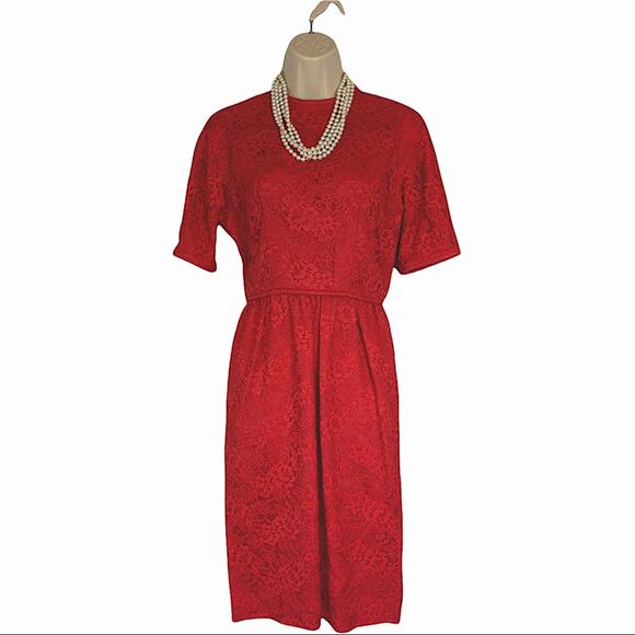 Jeanne D’Arc Vintage 50's Short Sleeve Red Lace Sheath Dress Size 4 - Picture 1 of 12